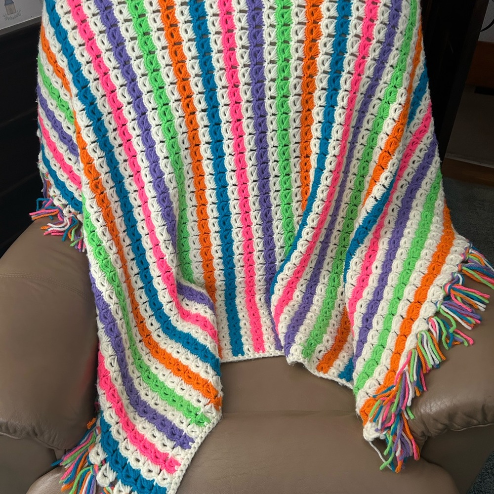 Striped Handmade Crochet Throw Blanket approx 56”x49” not including 3” fringe